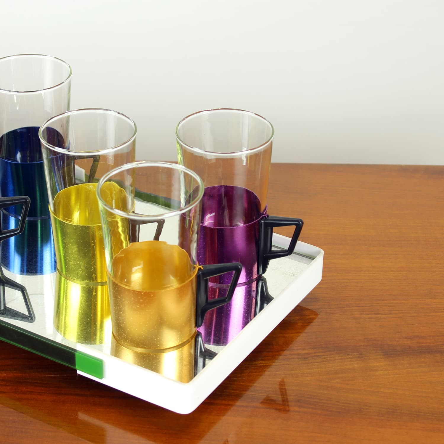 Drinking glasses set with tray, multicolor, Czechoslovakia, 1960s. - 200593