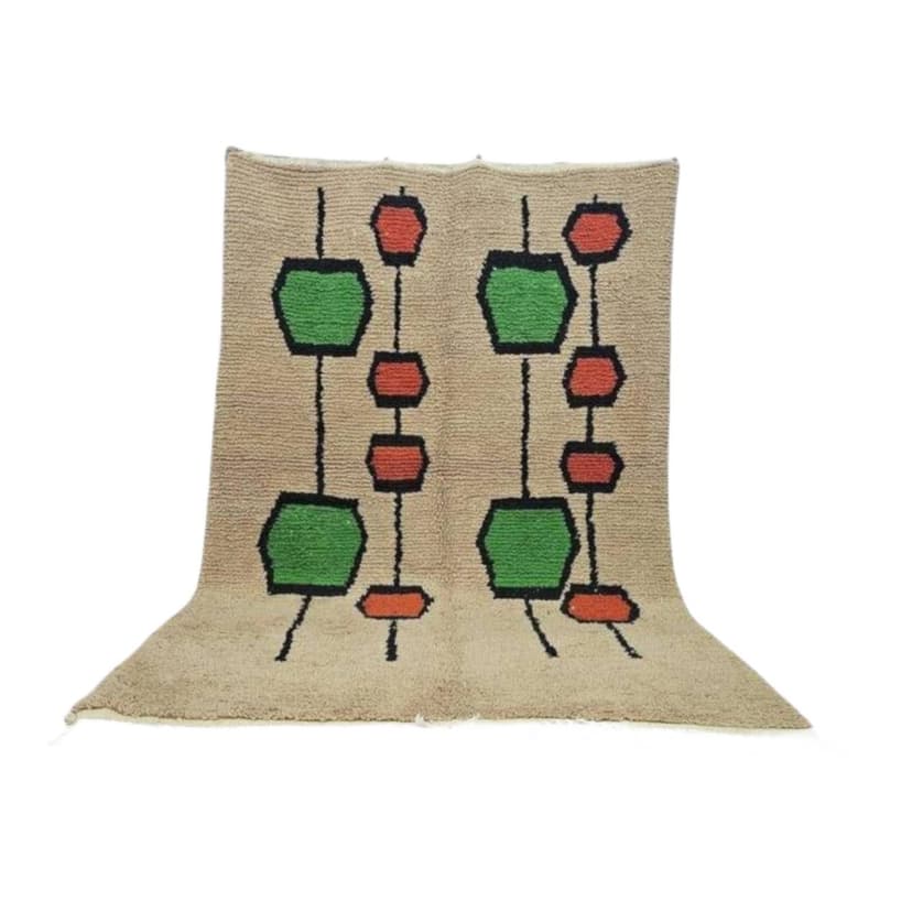 Ręcznie tkany dywan 250x150 cm, wełna, beżowy, zielony, pomarańczowy, czarny, biały, Maroko