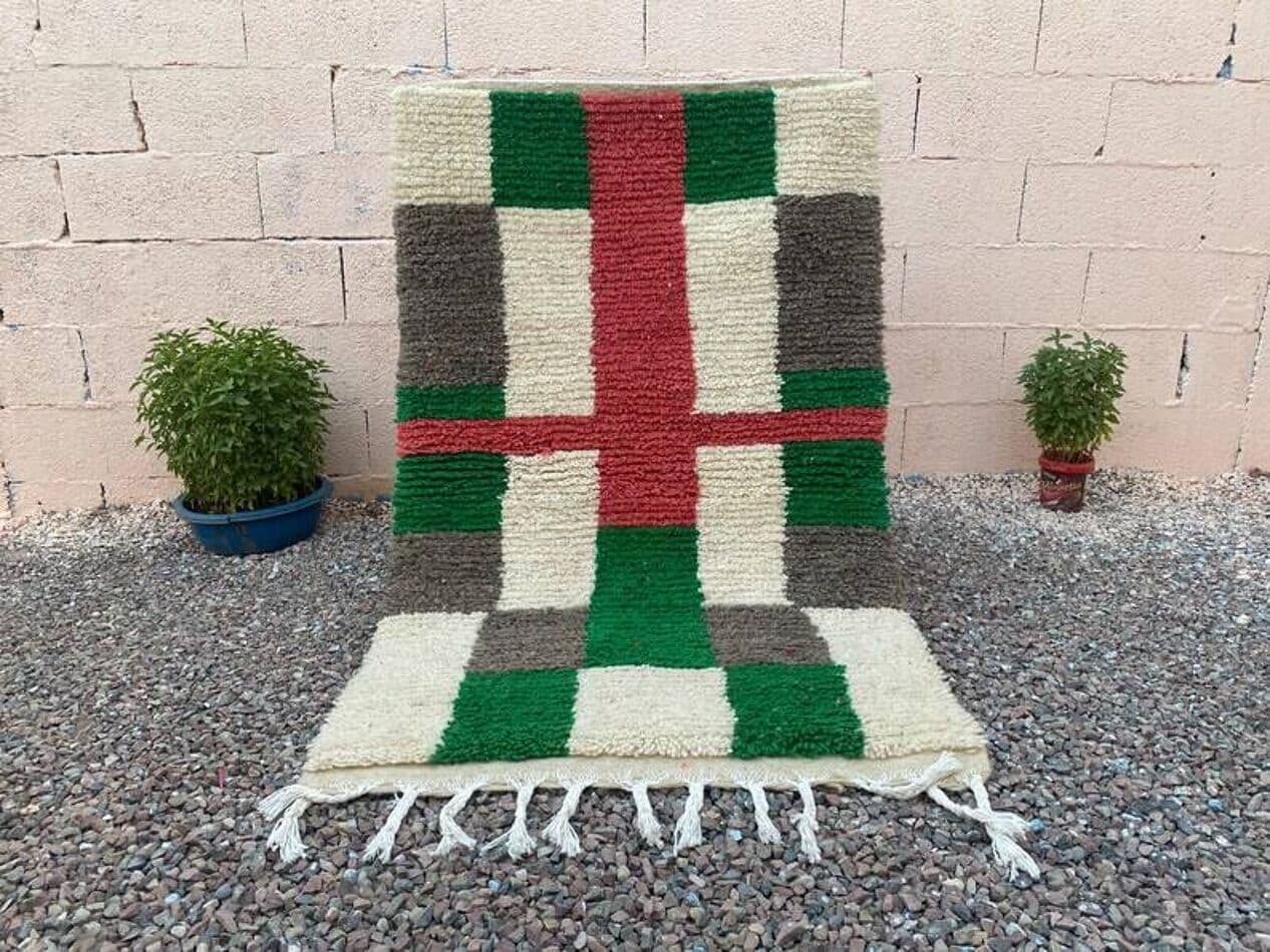 Ręcznie tkany dywan 100x200 cm, wełna, kość słoniowa, zielony, szary, czerwony, Maroko - 201625