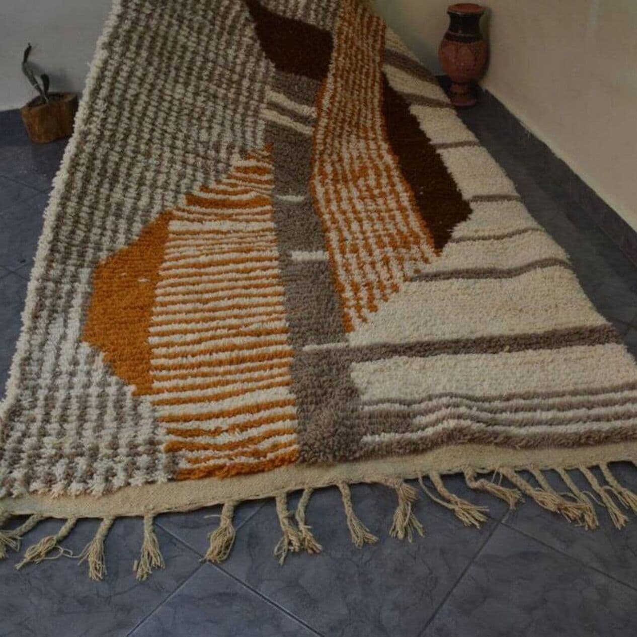 Ręcznie tkany dywan 250x150 cm, wełna, ecru, brązowy, Maroko - 201605