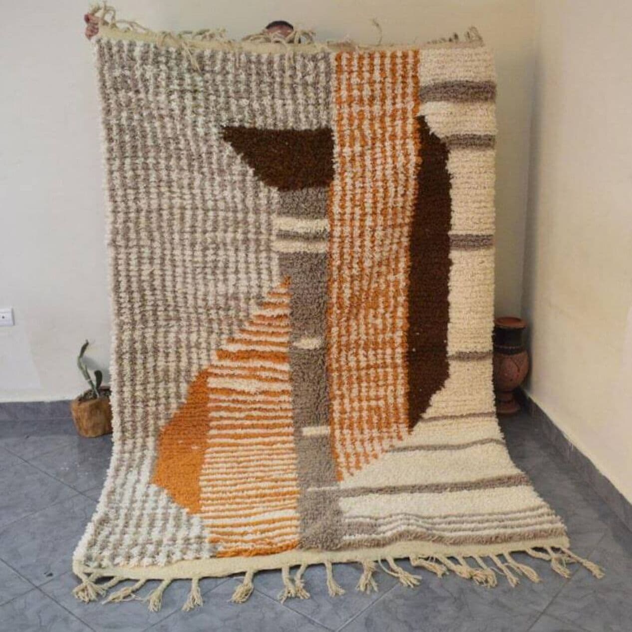 Ręcznie tkany dywan 250x150 cm, wełna, ecru, brązowy, Maroko - 201609