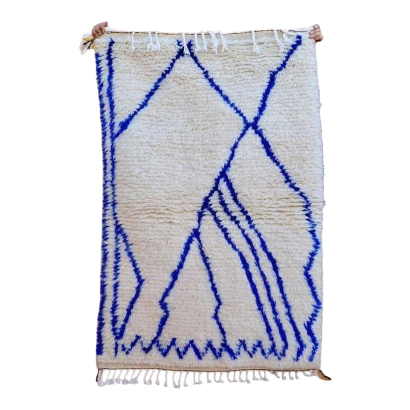 Ręcznie tkany dywan 100x200 cm, wełna, kremowy, niebieski, Maroko