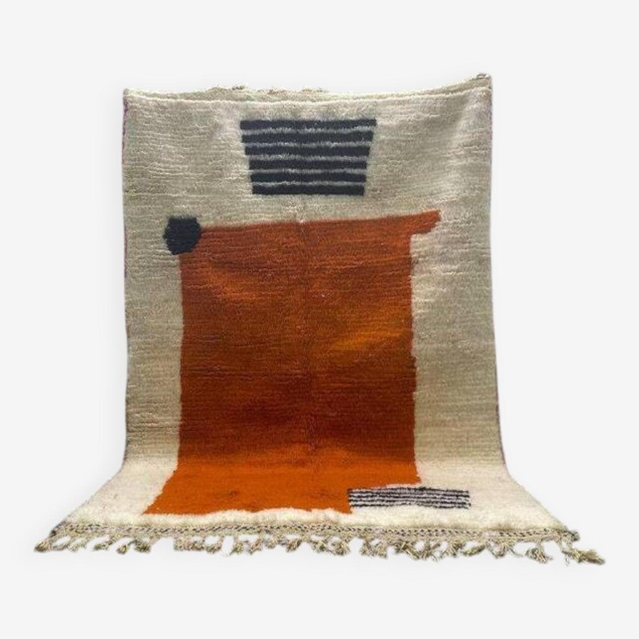 Ręcznie tkany dywan 200x300 cm, wełna, kość słoniowa, pomarańczowy, czarny, Maroko - 201544