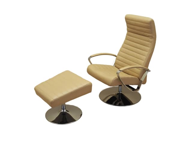 Lounge set armchair with ottoman, beige leather, chromed metal, Denmark, 1970s. - DIMENSION
