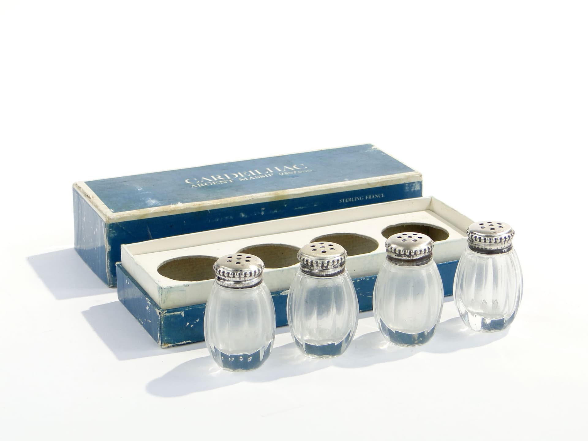 Set of Four Salt Shakers, Transparent Glass, Silver, Christofle, France, 1940s