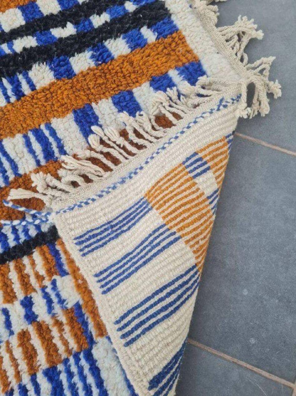 Ręcznie tkany dywan 250x150 cm, wełna, niebieski, terakota, czarny, kość słoniowa, Maroko - 202921