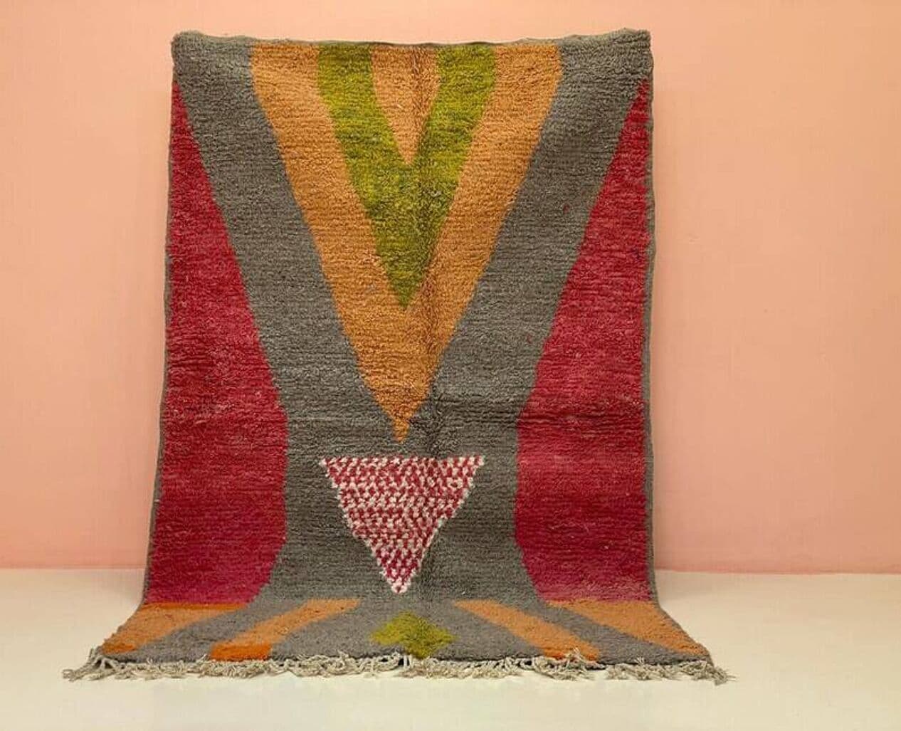 Ręcznie tkany dywan 250x150 cm, wełna, szary, pomarańczowy, zielony, czerwony, biały, Maroko - 202807