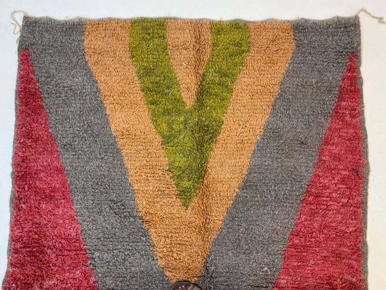 Ręcznie tkany dywan 250x150 cm, wełna, szary, pomarańczowy, zielony, czerwony, biały, Maroko - 202803