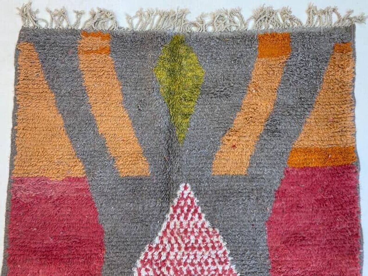 Ręcznie tkany dywan 250x150 cm, wełna, szary, pomarańczowy, zielony, czerwony, biały, Maroko - 202804