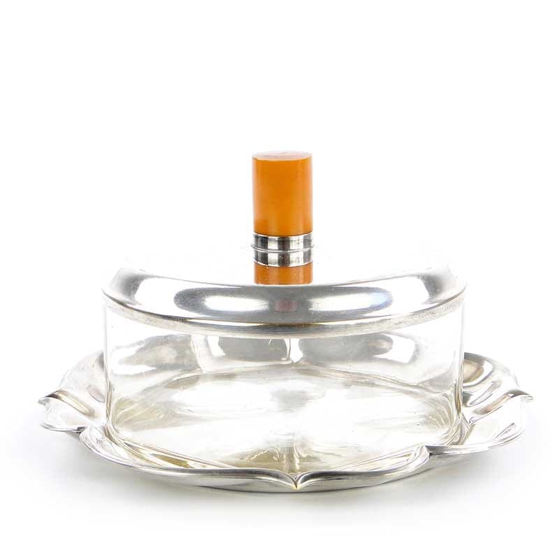 Maselniczka, szkło kryształowe przezroczyste, mosiądz srebrzony, bakelit bursztynowy, WMF, Niemcy, lata 50.