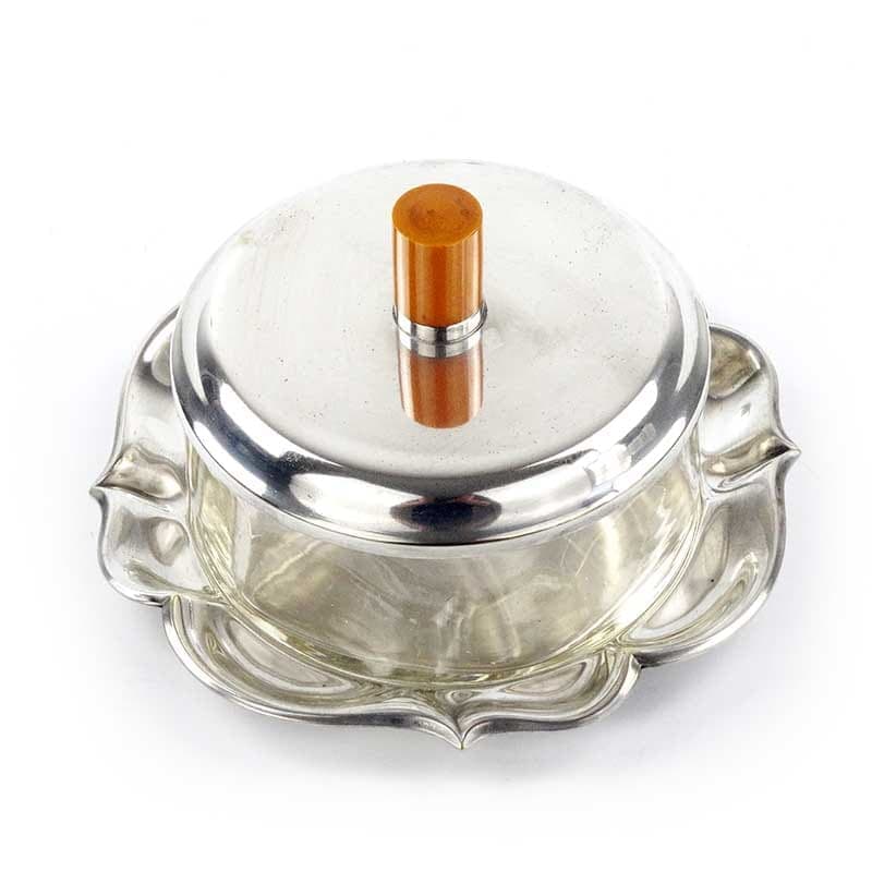 Maselniczka, szkło kryształowe przezroczyste, mosiądz srebrzony, bakelit bursztynowy, WMF, Niemcy, lata 50. - 201885