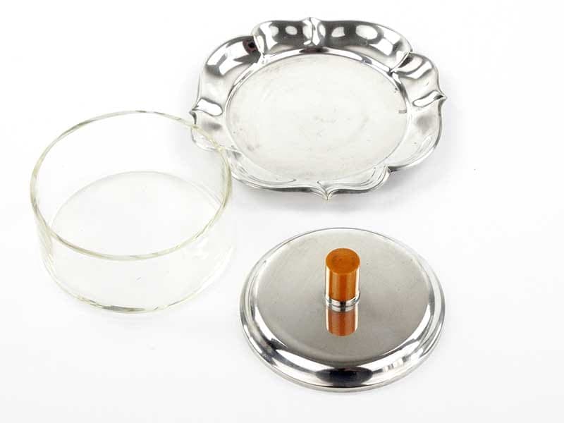 Maselniczka, szkło kryształowe przezroczyste, mosiądz srebrzony, bakelit bursztynowy, WMF, Niemcy, lata 50. - 201886