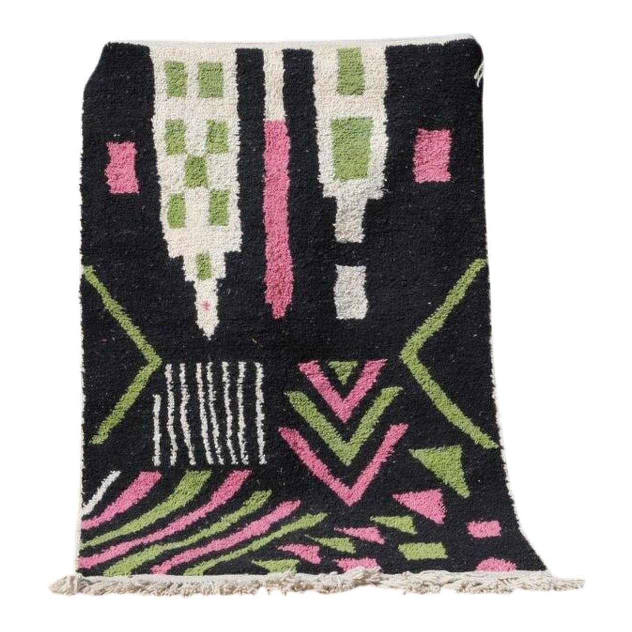 Ręcznie tkany dywan 250x150 cm, wełna, czarny, różowy, zielony, biały, Maroko