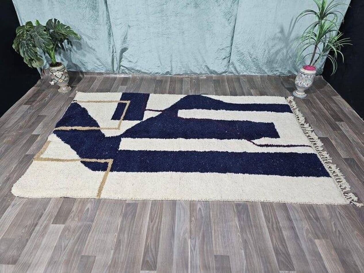 Ręcznie tkany dywan 150x250 cm, wełna, kremowy, granatowy, beżowy, Maroko - 205714