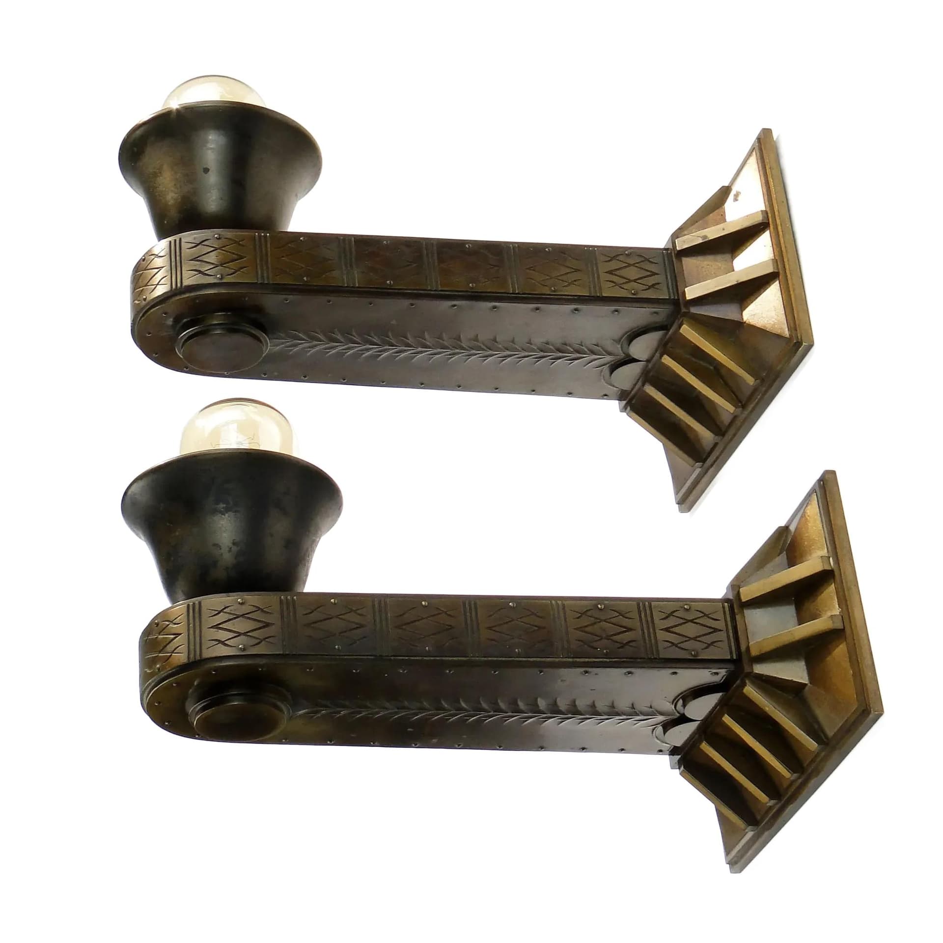 Pair of wall sconces Art Deco, brown, brass, Austria, 1920s