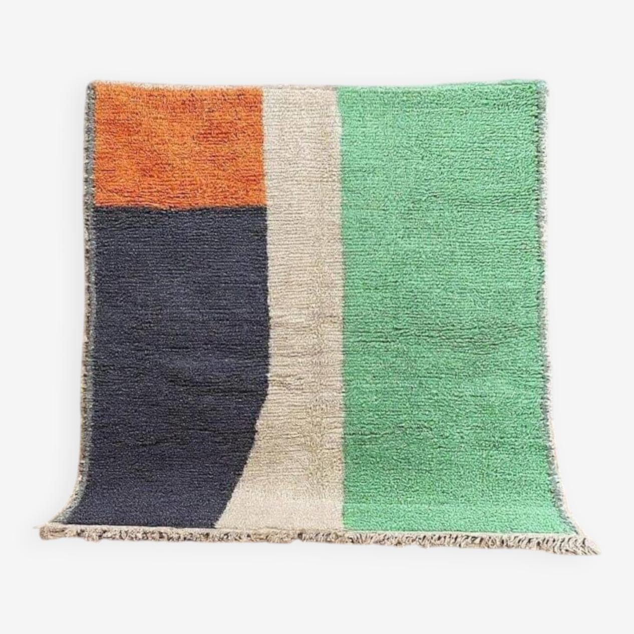 Ręcznie tkany dywan 140x260 cm, wełna, granatowy, pomarańczowy, beżowy, miętowy, Maroko - 205482