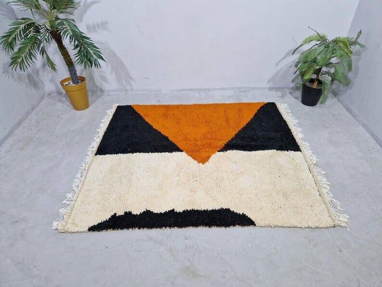 Ręcznie tkany dywan 140x260 cm, wełna, pomarańczowy, czarny, kremowy, Maroko - 205252