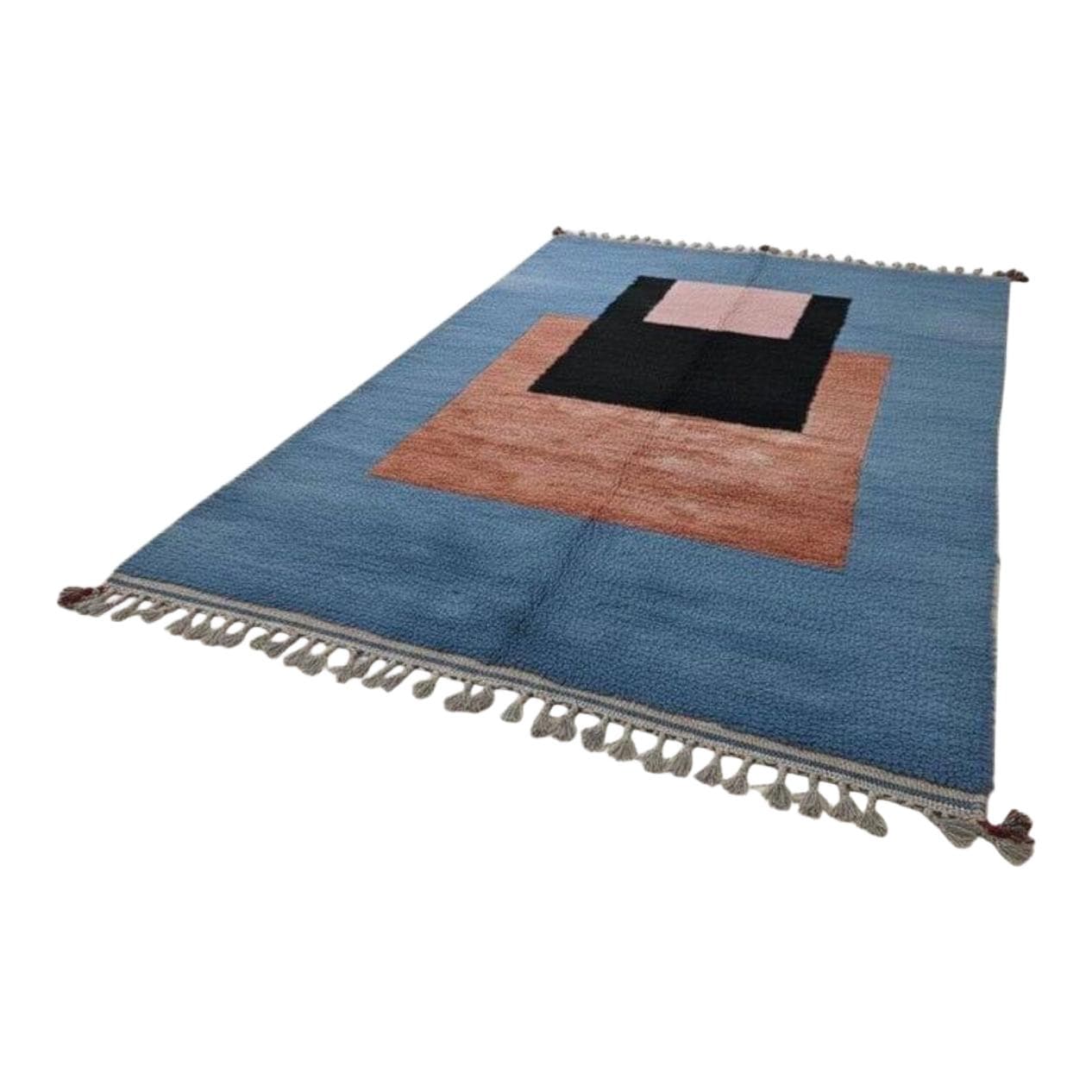 Ręcznie tkany dywan 150x250 cm, wełna, niebieski, terakota, czarny, różowy, Maroko