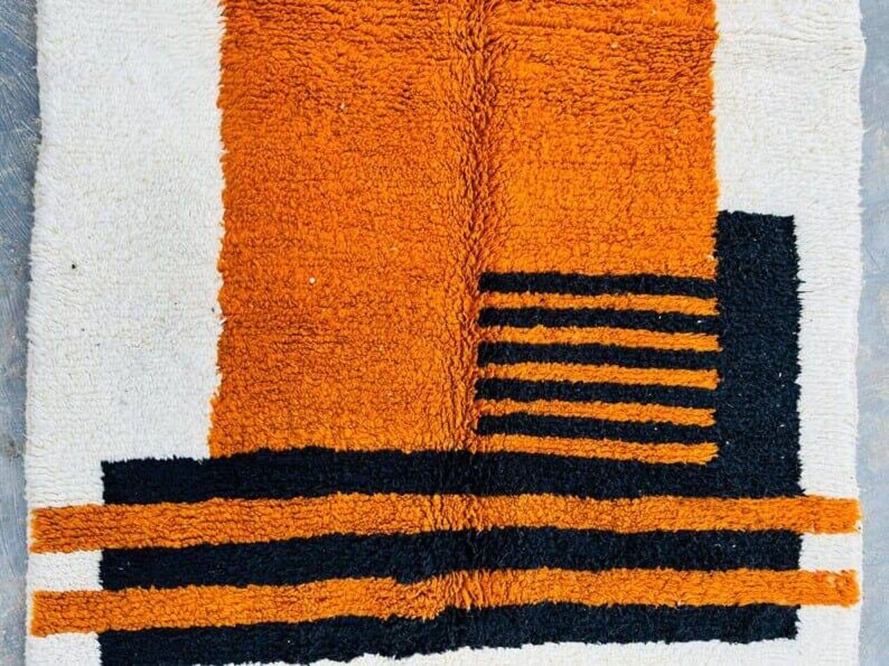 Ręcznie tkany dywan 150x250 cm, wełna, kremowy, czarny, pomarańczowy, Maroko - 204965