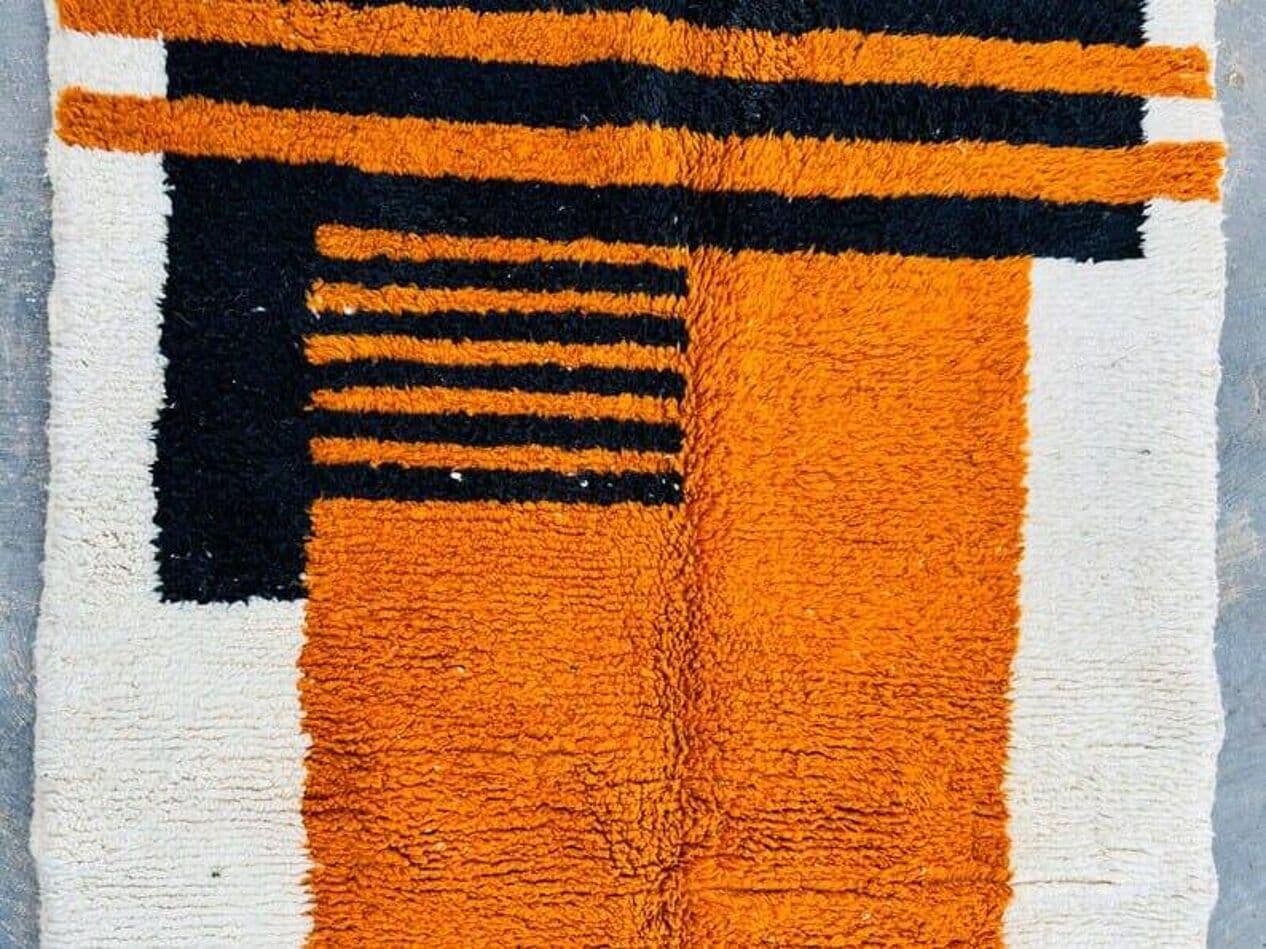 Ręcznie tkany dywan 150x250 cm, wełna, kremowy, czarny, pomarańczowy, Maroko - 204966