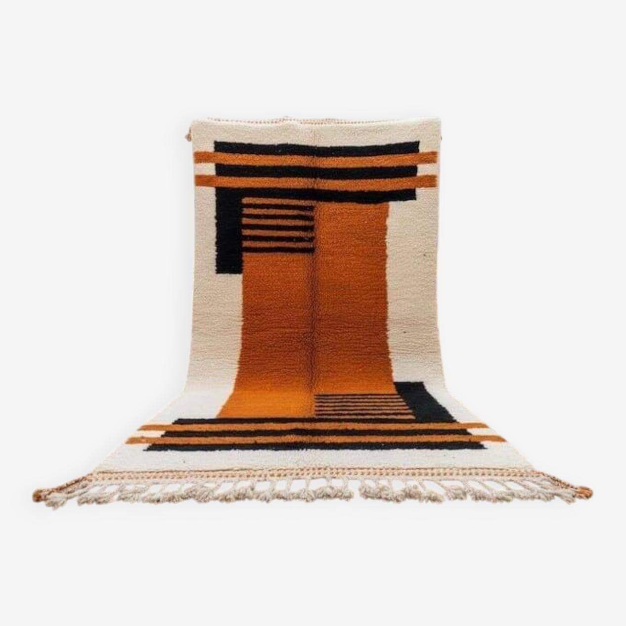 Ręcznie tkany dywan 150x250 cm, wełna, kremowy, czarny, pomarańczowy, Maroko - 204964