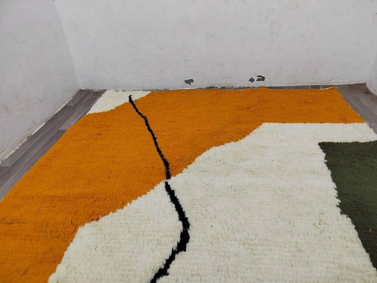 Ręcznie tkany dywan 150x250 cm, wełna, pomarańczowy, kremowy, zielony, czarny, Maroko - 204893