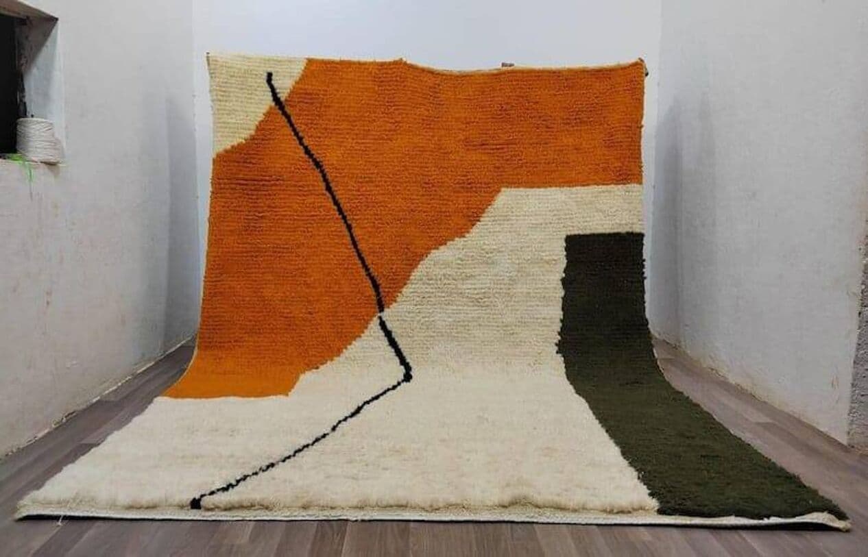 Ręcznie tkany dywan 150x250 cm, wełna, pomarańczowy, kremowy, zielony, czarny, Maroko - 204894