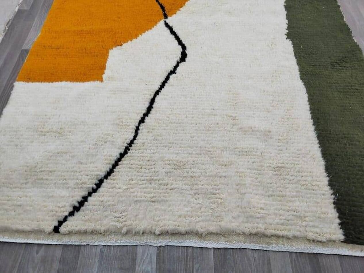 Ręcznie tkany dywan 150x250 cm, wełna, pomarańczowy, kremowy, zielony, czarny, Maroko - 204890