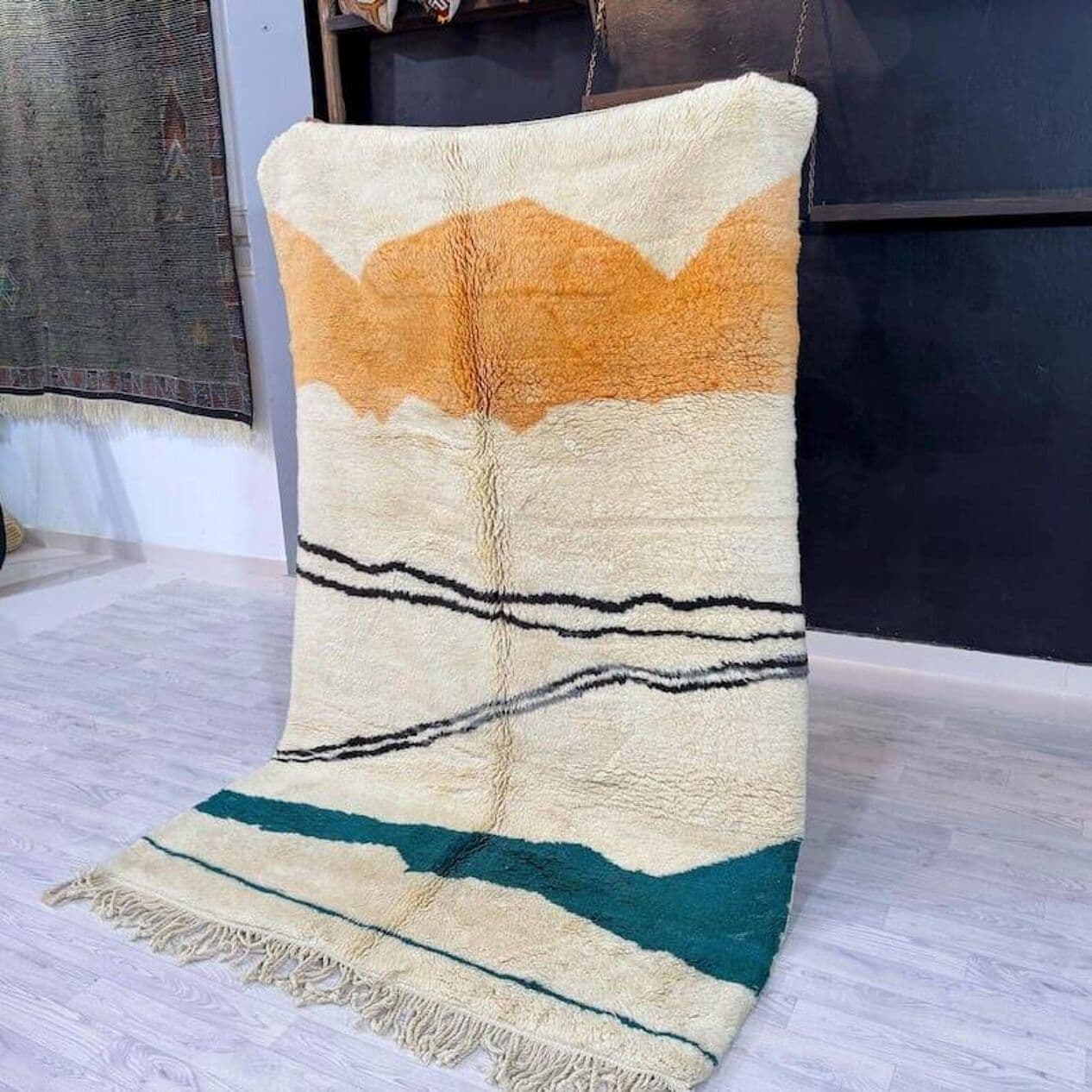 Ręcznie tkany dywan 100x200 cm, wełna, kość słoniowa, pomarańczowy, czarny, niebieski, Maroko - 207019