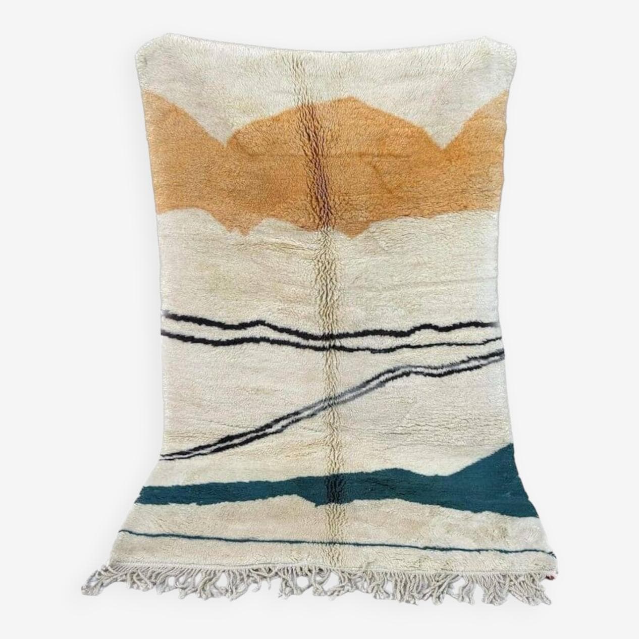 Ręcznie tkany dywan 100x200 cm, wełna, kość słoniowa, pomarańczowy, czarny, niebieski, Maroko - 207016