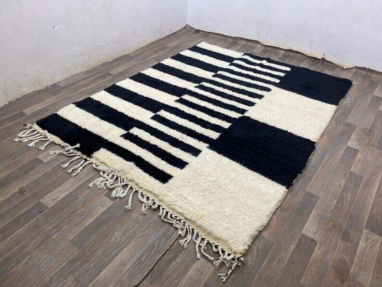 Ręcznie tkany dywan 150x250 cm, wełna, czarny, kość słoniowa, Maroko - 206829