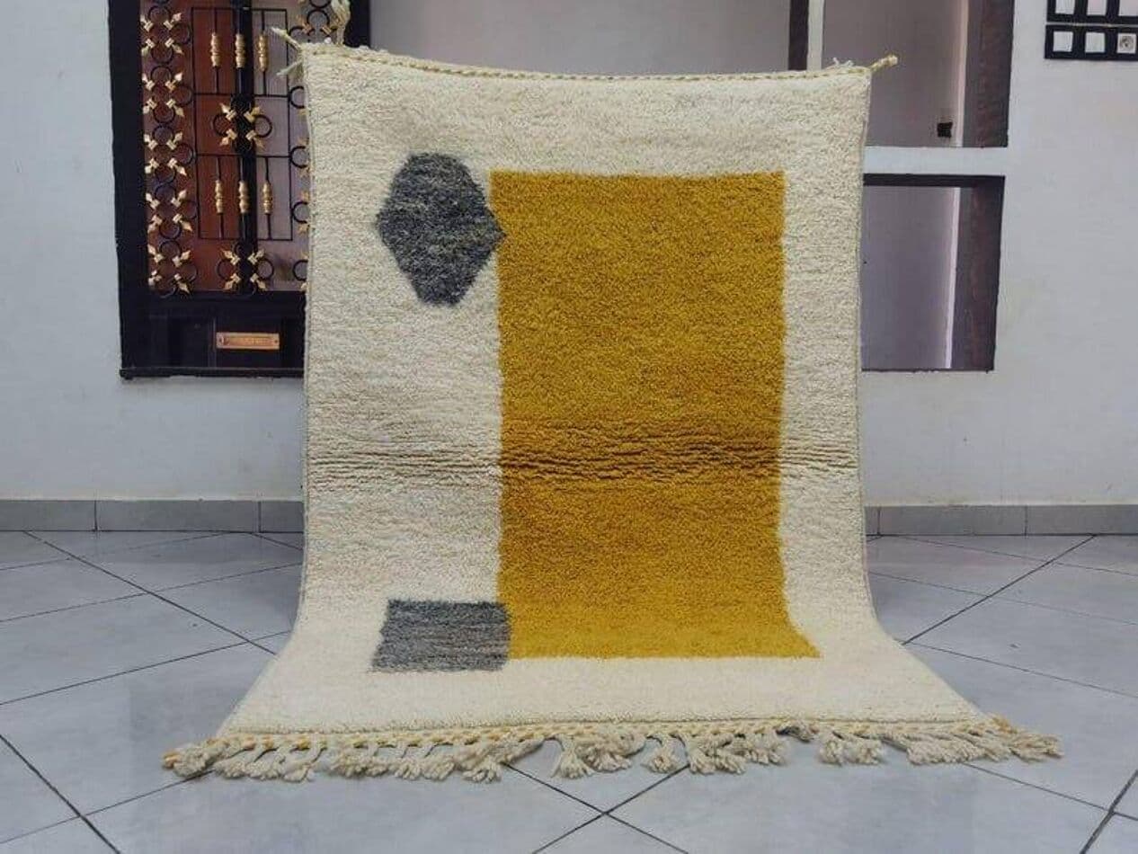 Ręcznie tkany dywan 150x250 cm, wełna, żółty, szary, kość słoniowa, Maroko - 206665