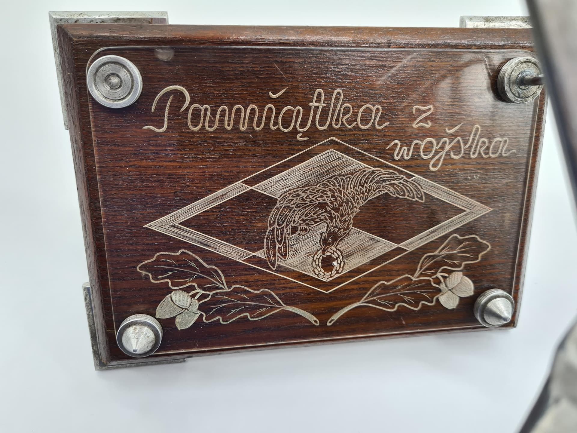 Model samolotu pamiątkowy, srebrny, metal drewno, Polska, lata 70. - 205986