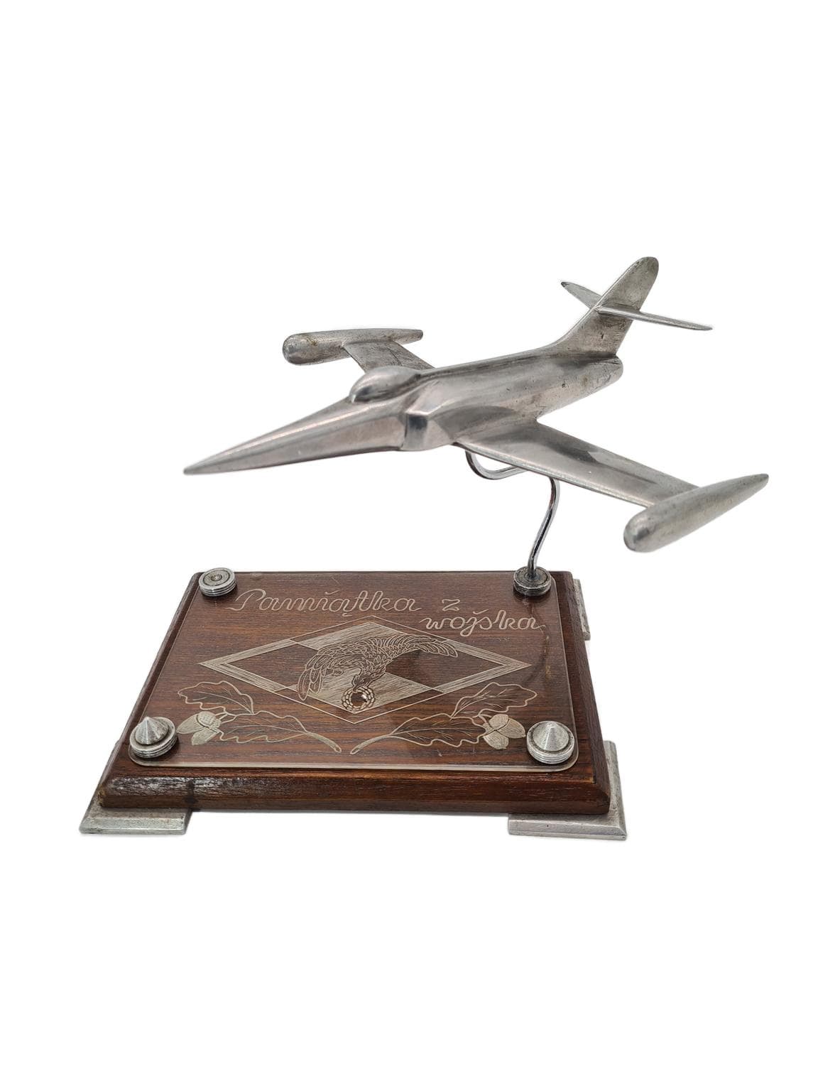 Model samolotu pamiątkowy, srebrny, metal drewno, Polska, lata 70.