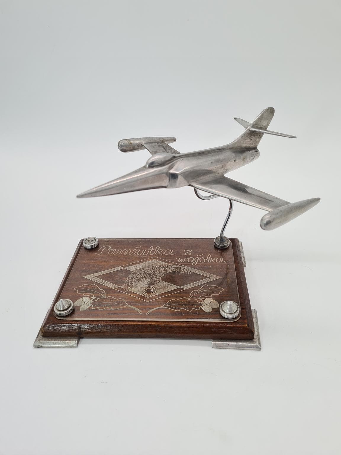 Model samolotu pamiątkowy, srebrny, metal drewno, Polska, lata 70. - 205973