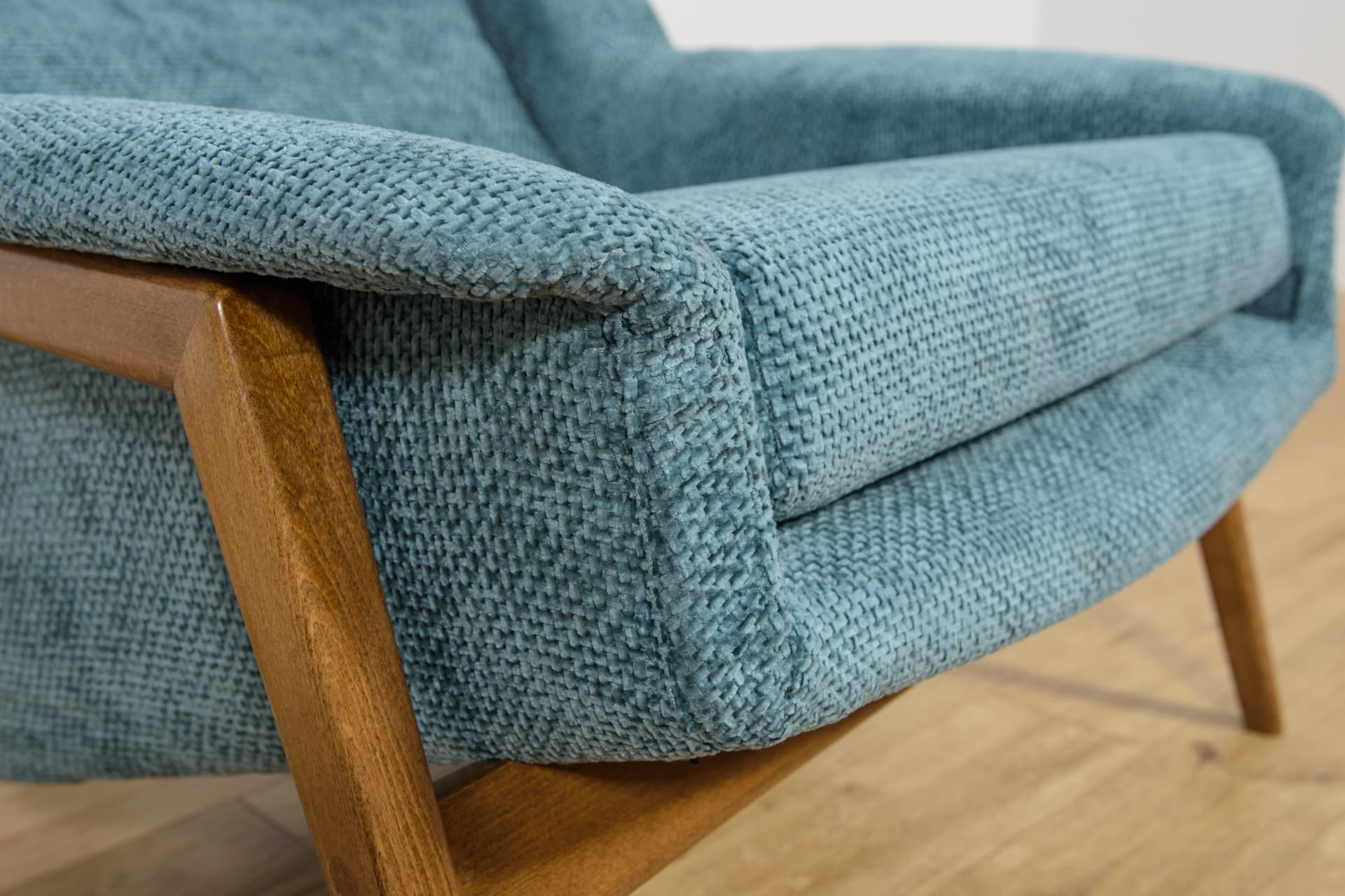 Armchair, blue fabric, beech, by F. Ohlsson, Dux, Sweden, 1960s. - 206201