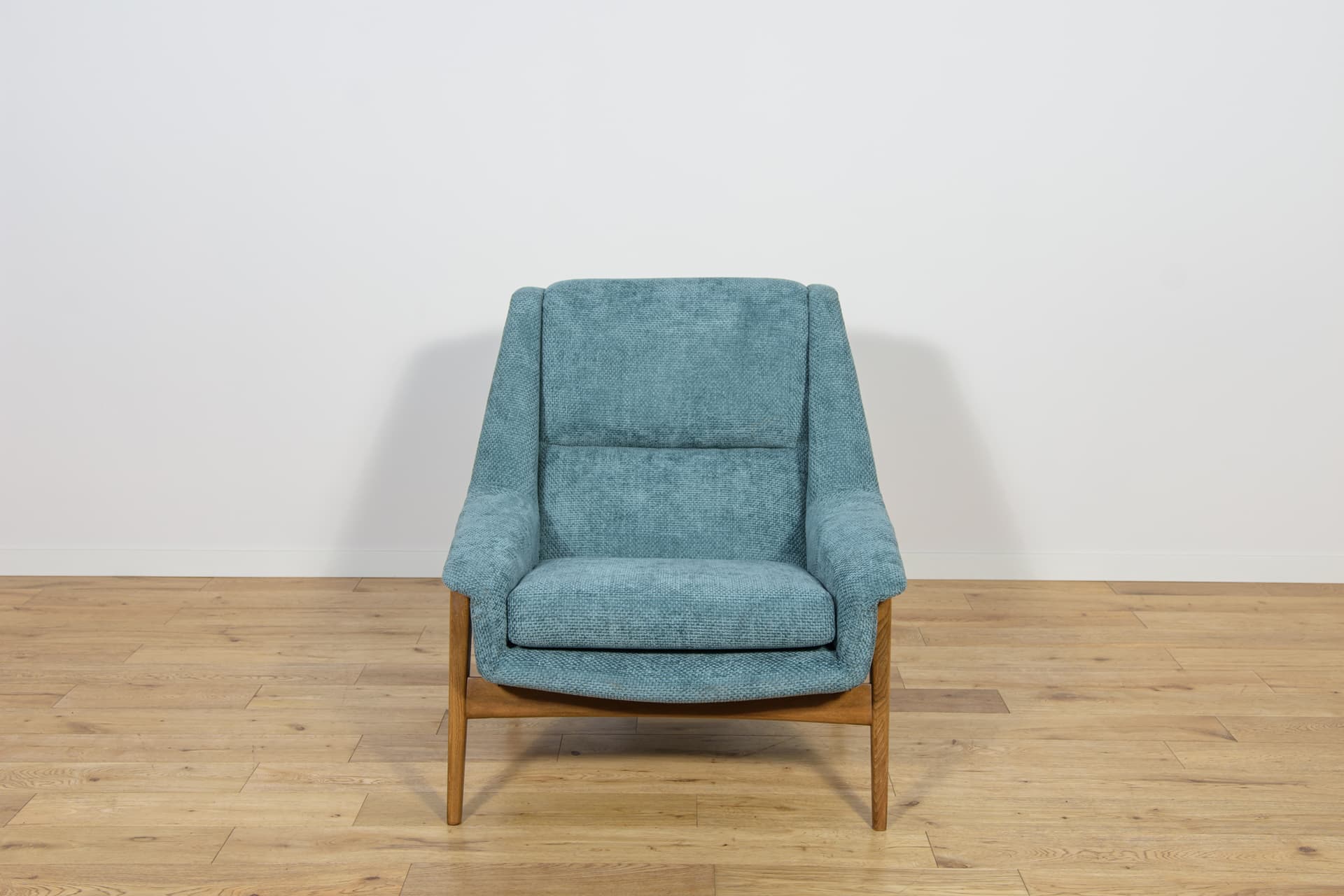 Armchair, blue fabric, beech, by F. Ohlsson, Dux, Sweden, 1960s. - 206193