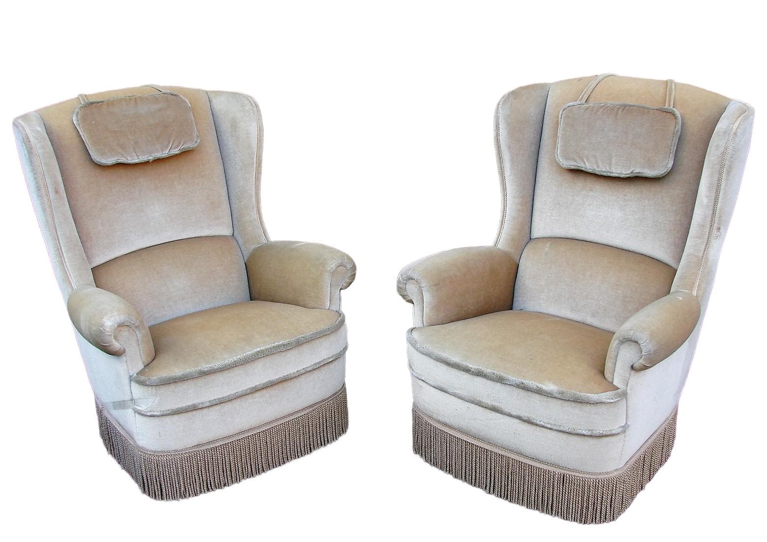 Pair of wingback armchairs, beige velvet, 1970s