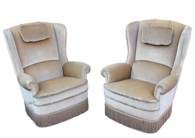 Pair of wingback armchairs, beige velvet, 1970s - DIMENSION