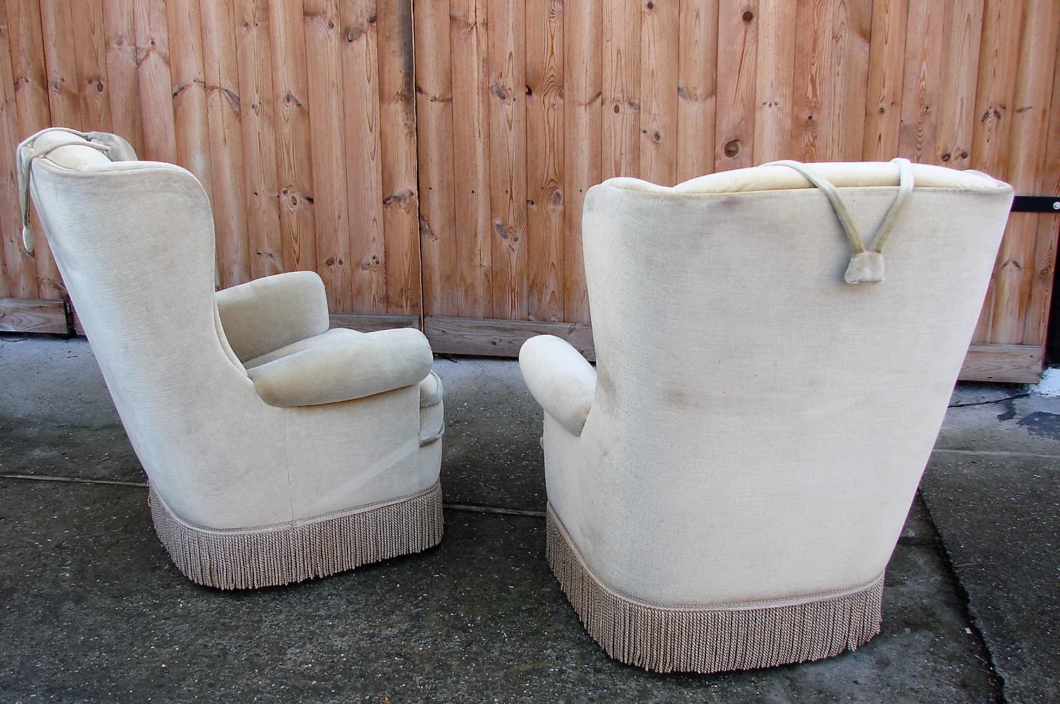 Pair of wingback armchairs, beige velvet, 1970s - 207409