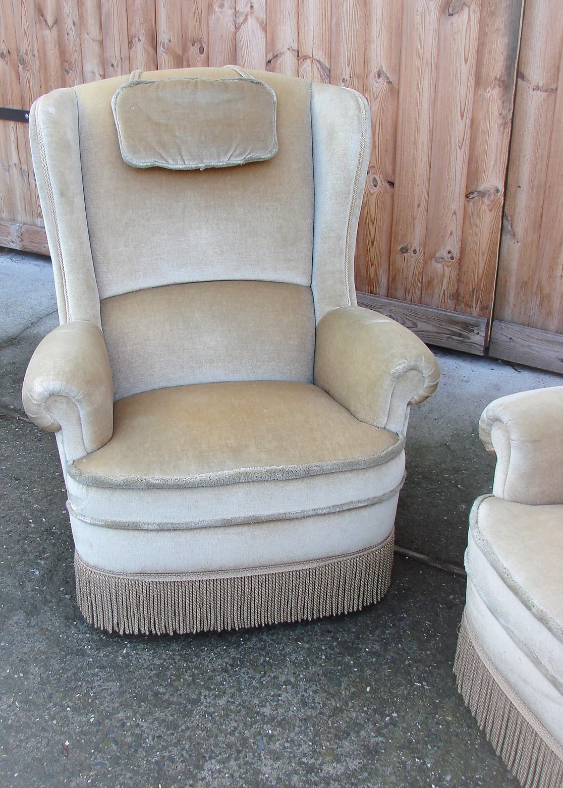 Pair of wingback armchairs, beige velvet, 1970s - 207415
