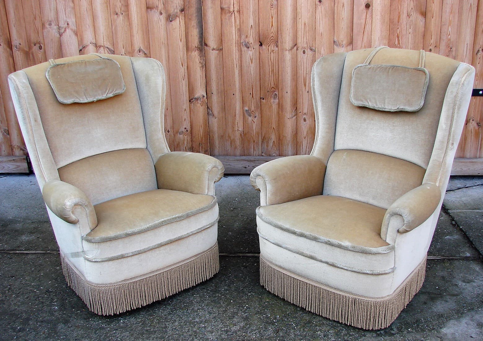 Pair of wingback armchairs, beige velvet, 1970s - 207412