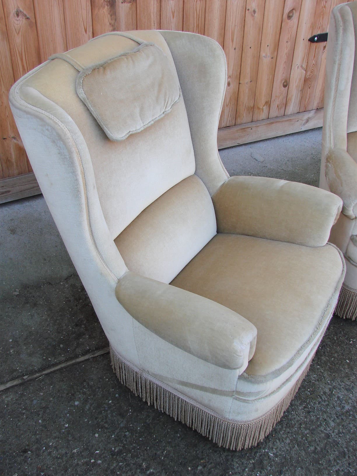 Pair of wingback armchairs, beige velvet, 1970s - 207421