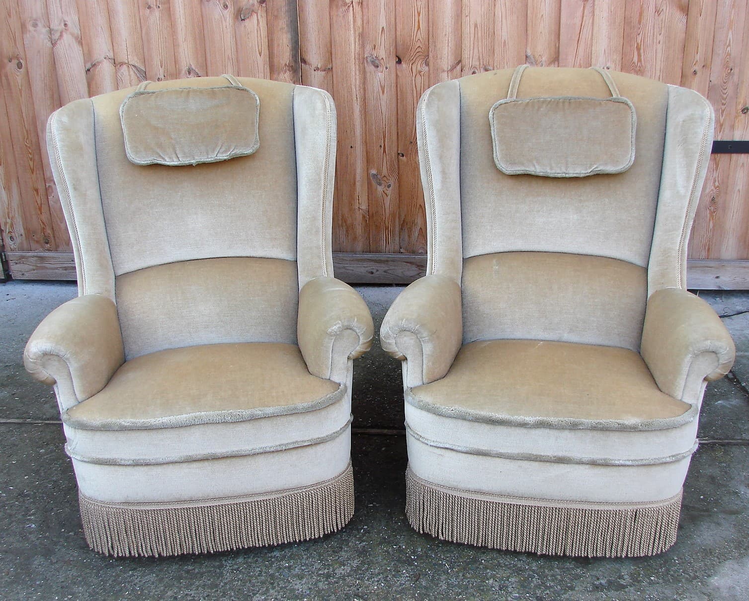 Pair of wingback armchairs, beige velvet, 1970s - 207417