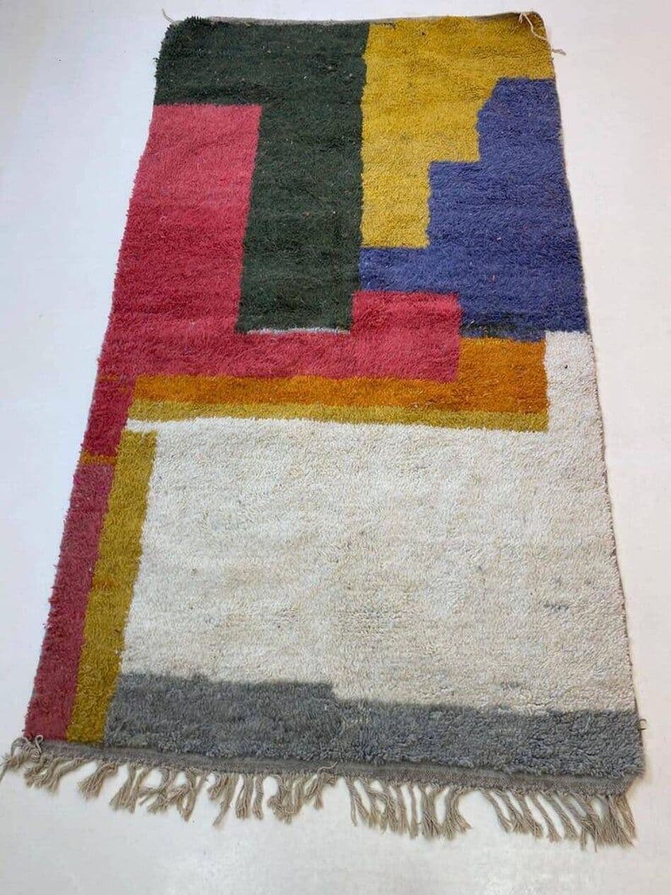 Handwoven rug 100x200 cm, wool, green, red, yellow, navy blue, cream, grey, Morocco - 207755