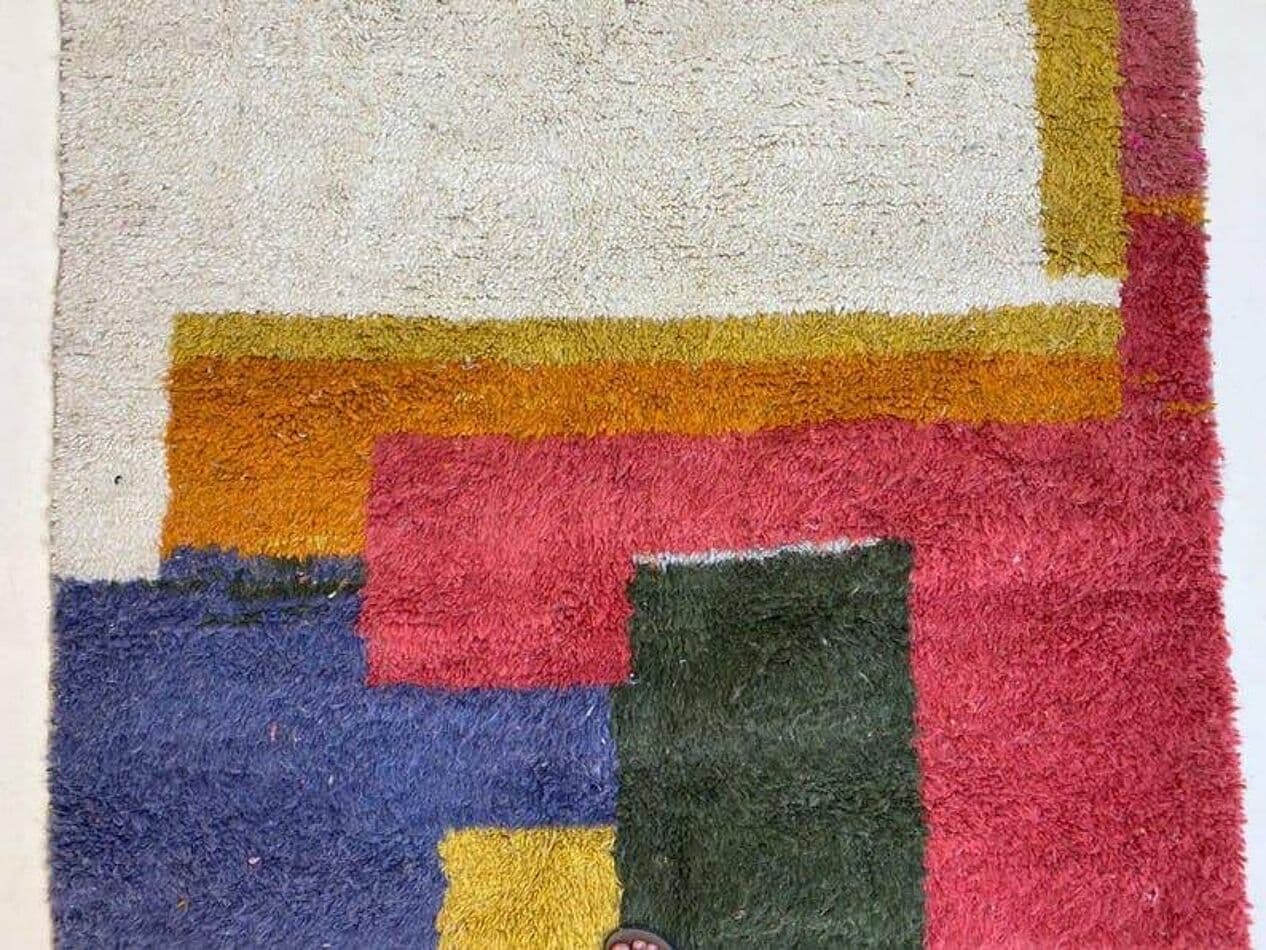 Handwoven rug 100x200 cm, wool, green, red, yellow, navy blue, cream, grey, Morocco - 207757