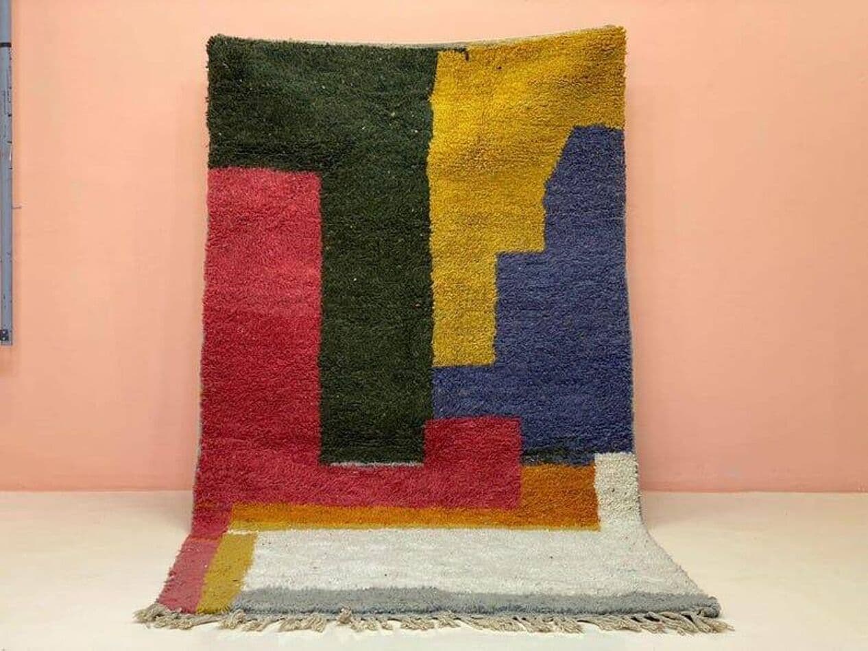 Handwoven rug 100x200 cm, wool, green, red, yellow, navy blue, cream, grey, Morocco - 207754