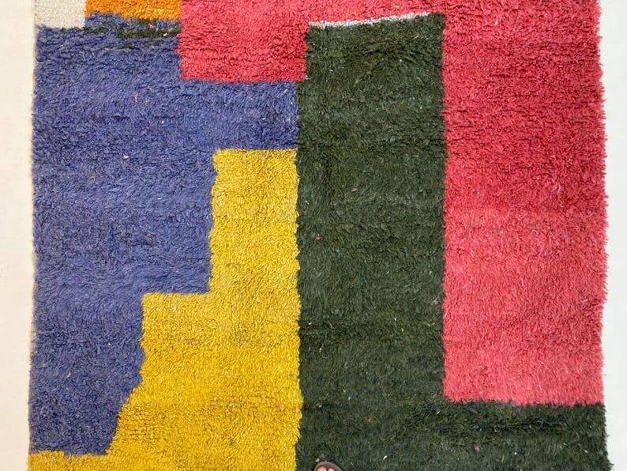 Handwoven rug 100x200 cm, wool, green, red, yellow, navy blue, cream, grey, Morocco - 207758
