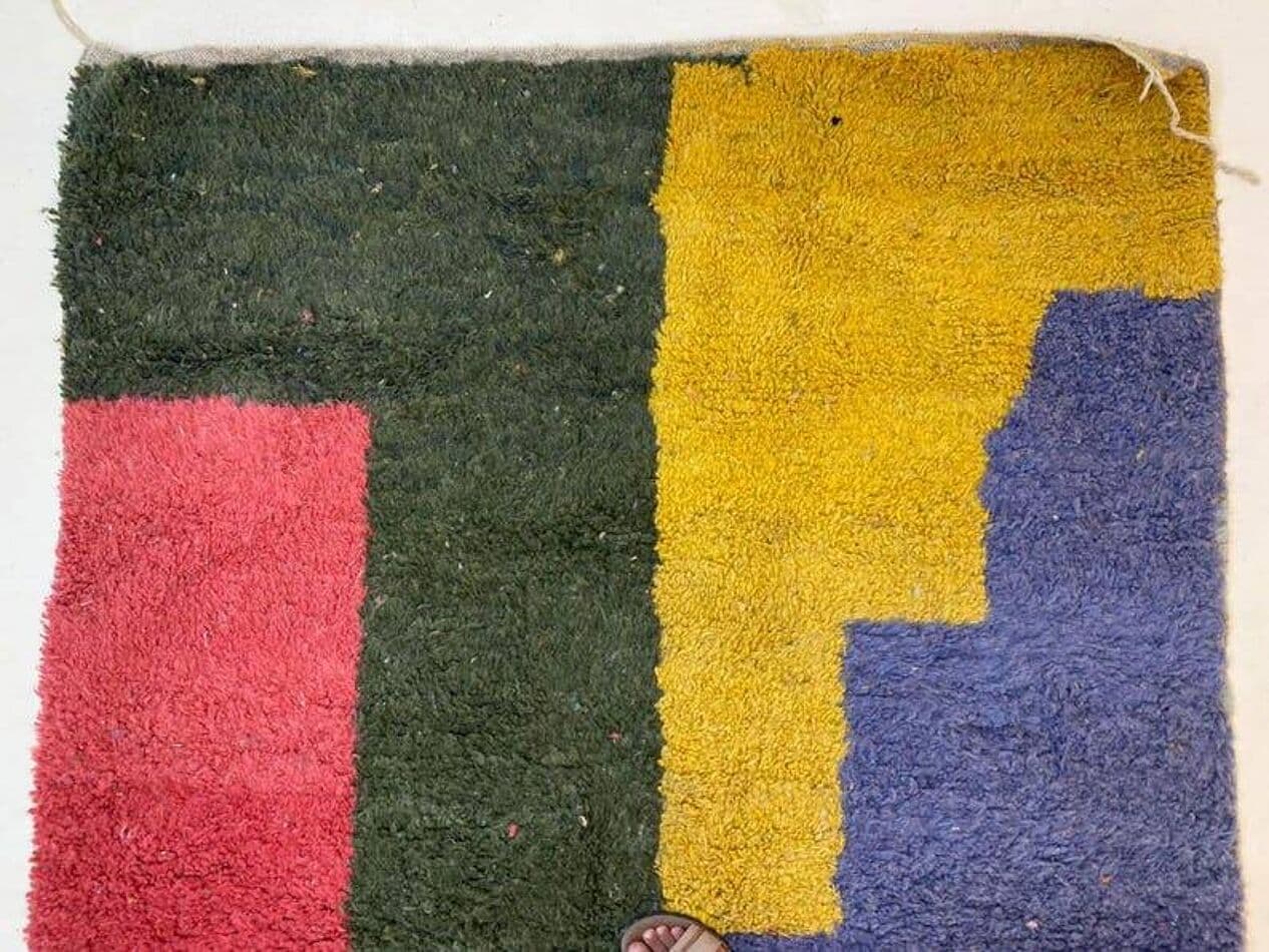 Handwoven rug 100x200 cm, wool, green, red, yellow, navy blue, cream, grey, Morocco - 207756