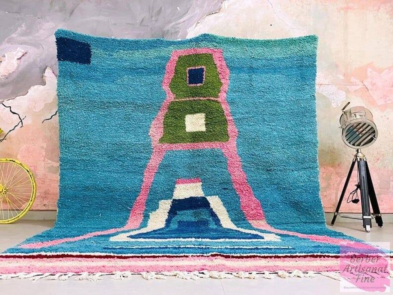 Handwoven rug 150x250 cm, wool, blue, pink, green, cream, navy, white, Morocco - 207646